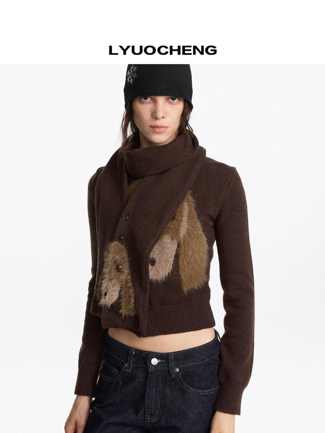 LYUOCHENG Brown Dachshund Head Jacquard Pile Knit Women&
