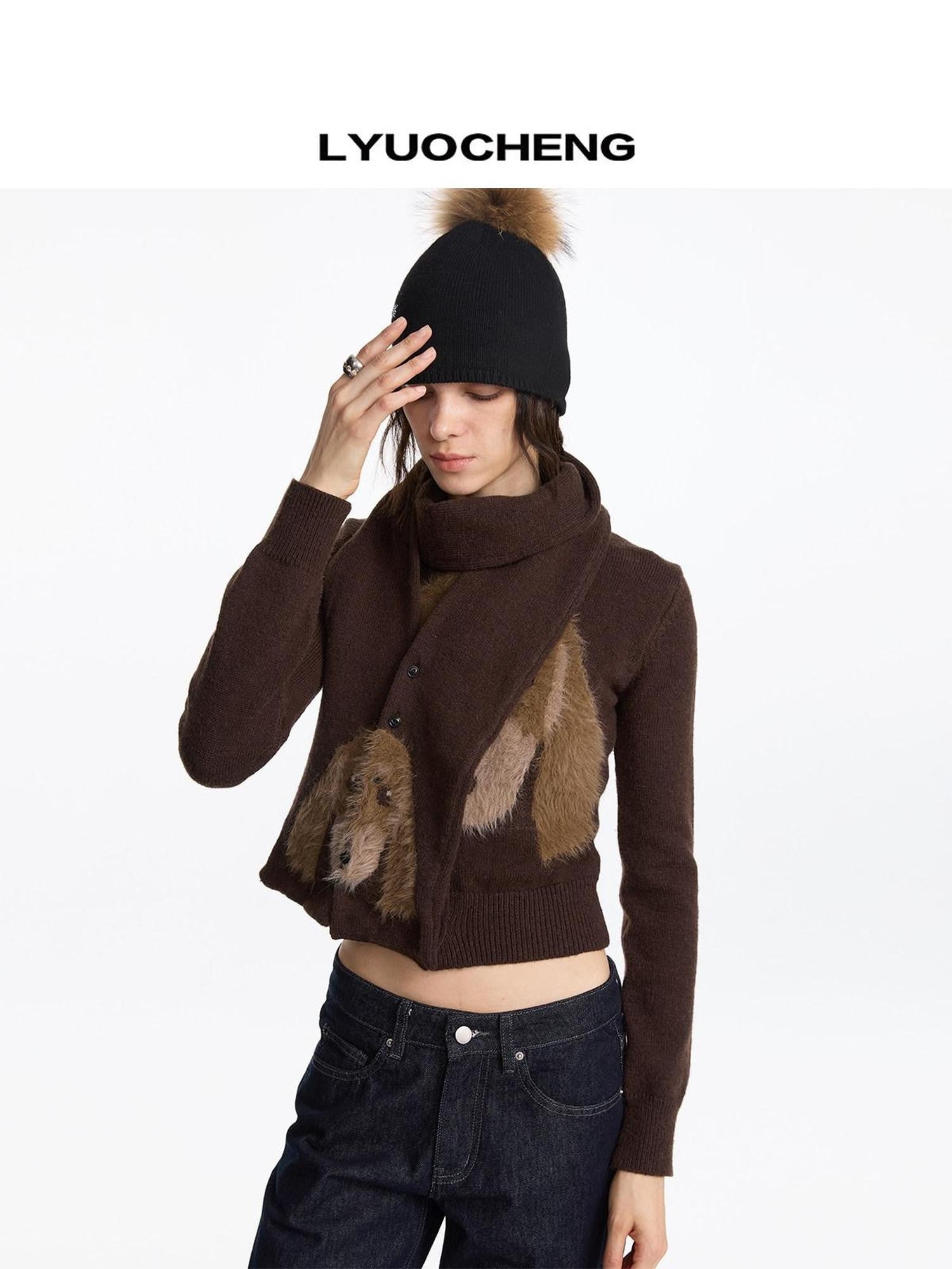 LYUOCHENG Brown Dachshund Head Jacquard Pile Knit Women&