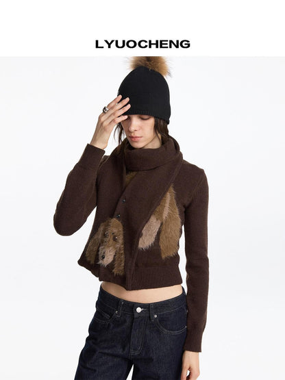 LYUOCHENG Brown Dachshund Head Jacquard Pile Knit Women&