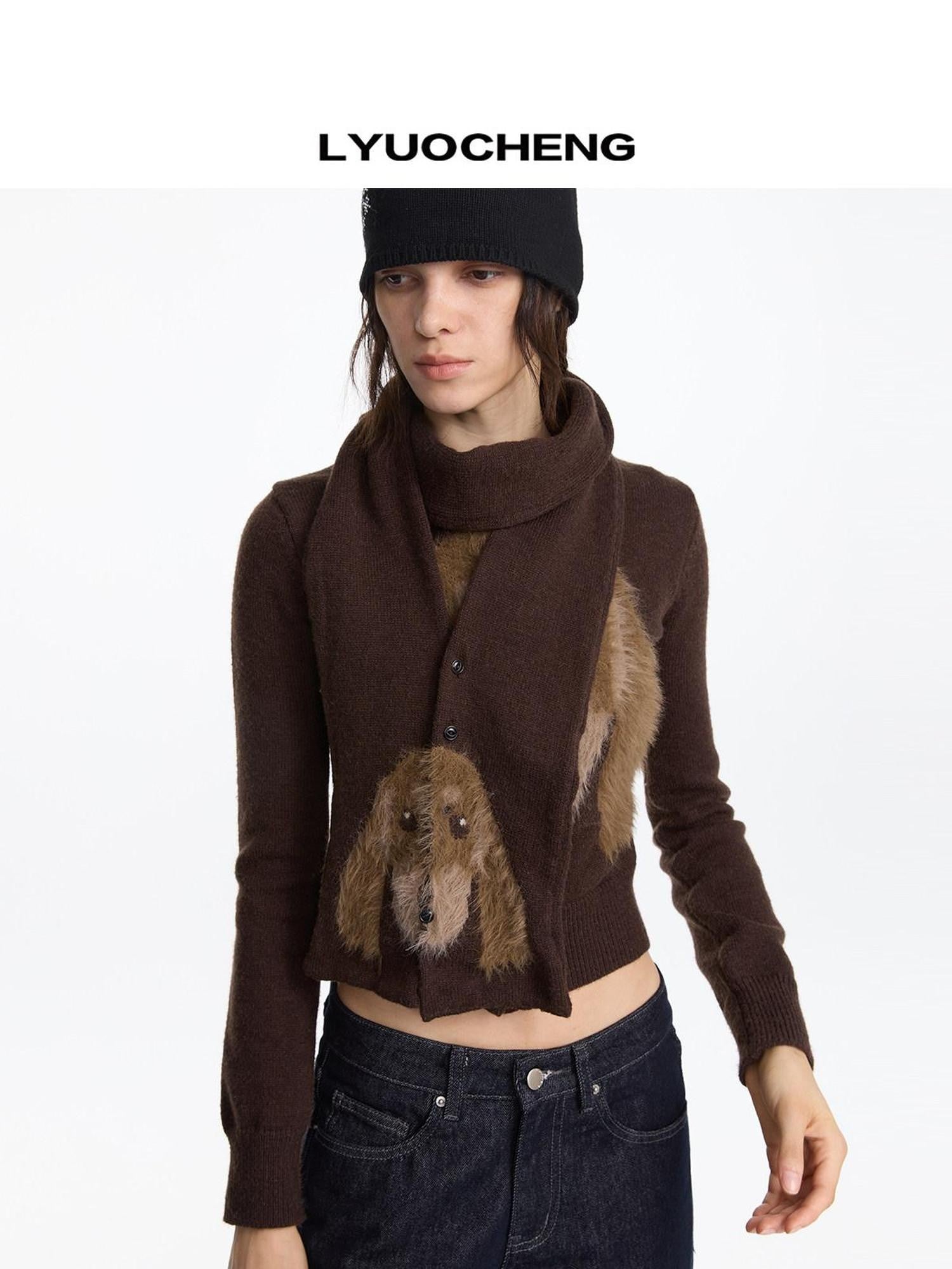 LYUOCHENG Brown Dachshund Head Jacquard Pile Knit Women&