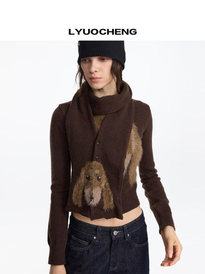 LYUOCHENG Brown Dachshund Head Jacquard Pile Knit Women&