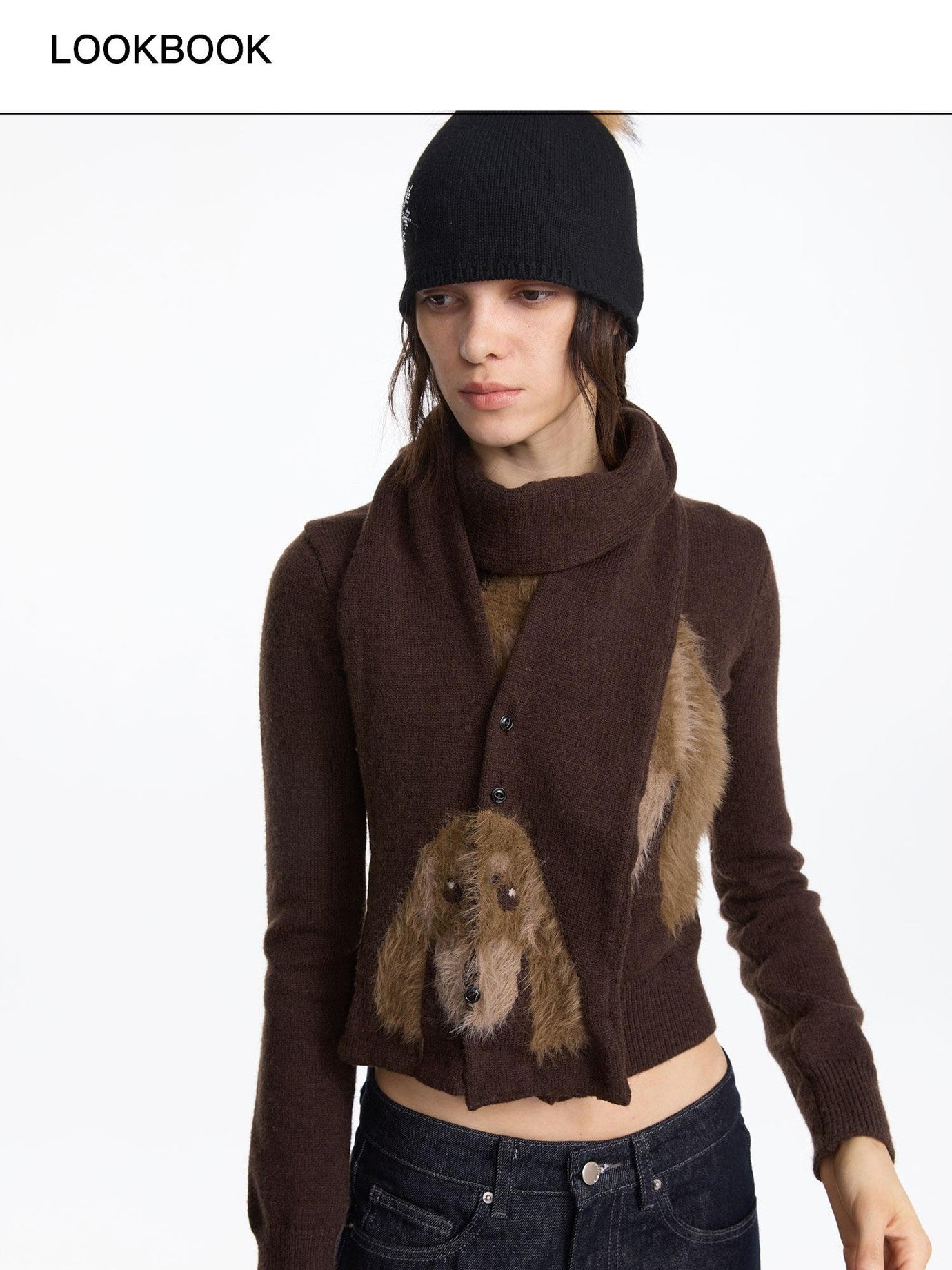 LYUOCHENG Brown Dachshund Head Jacquard Pile Knit Women&