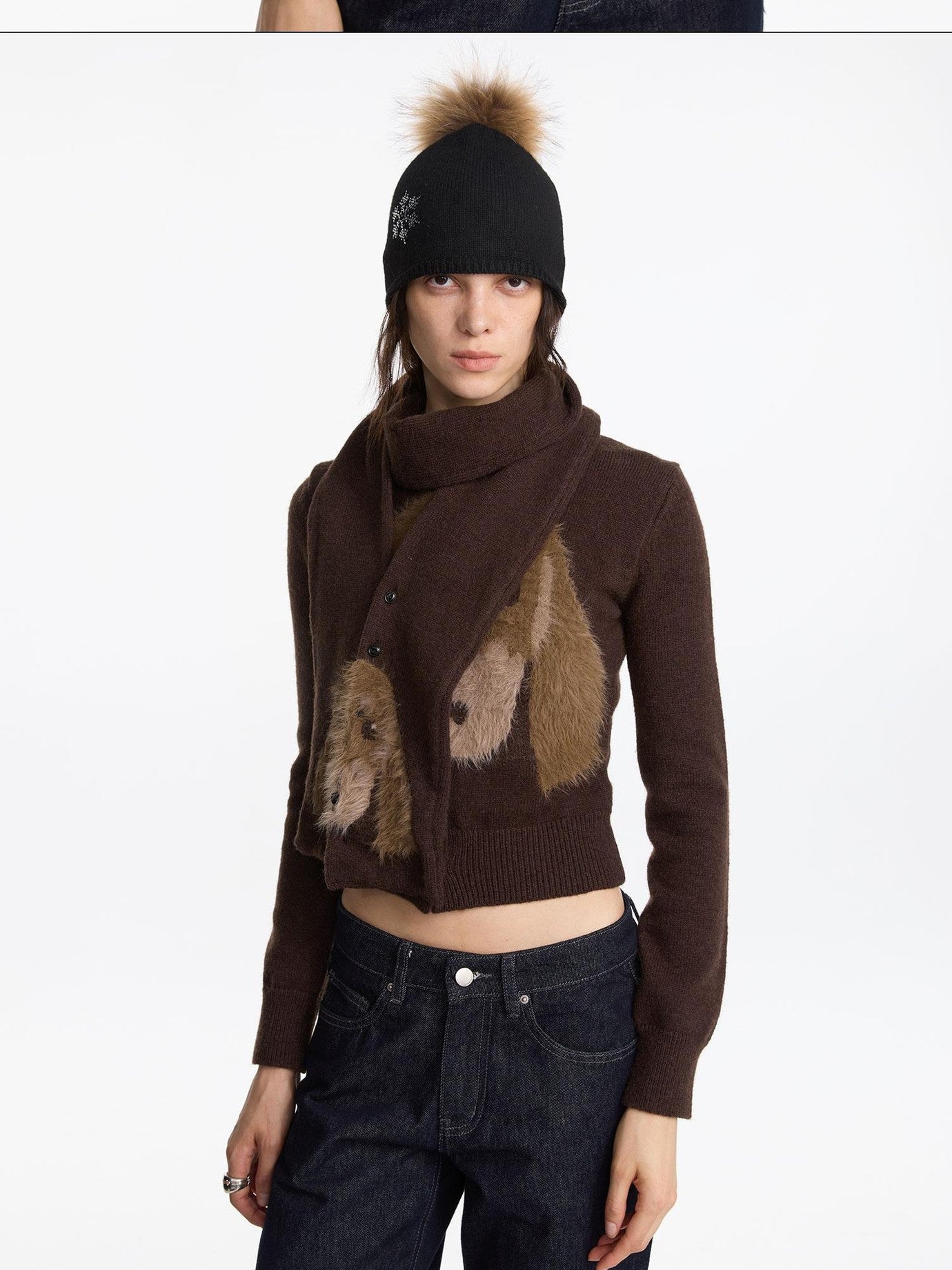 LYUOCHENG Brown Dachshund Head Jacquard Pile Knit Women&