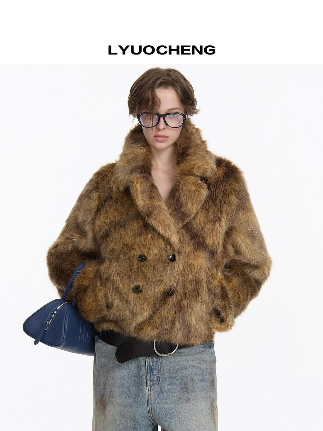 LYUOCHENG Brown Double Breasted Lapel Vintage Women&