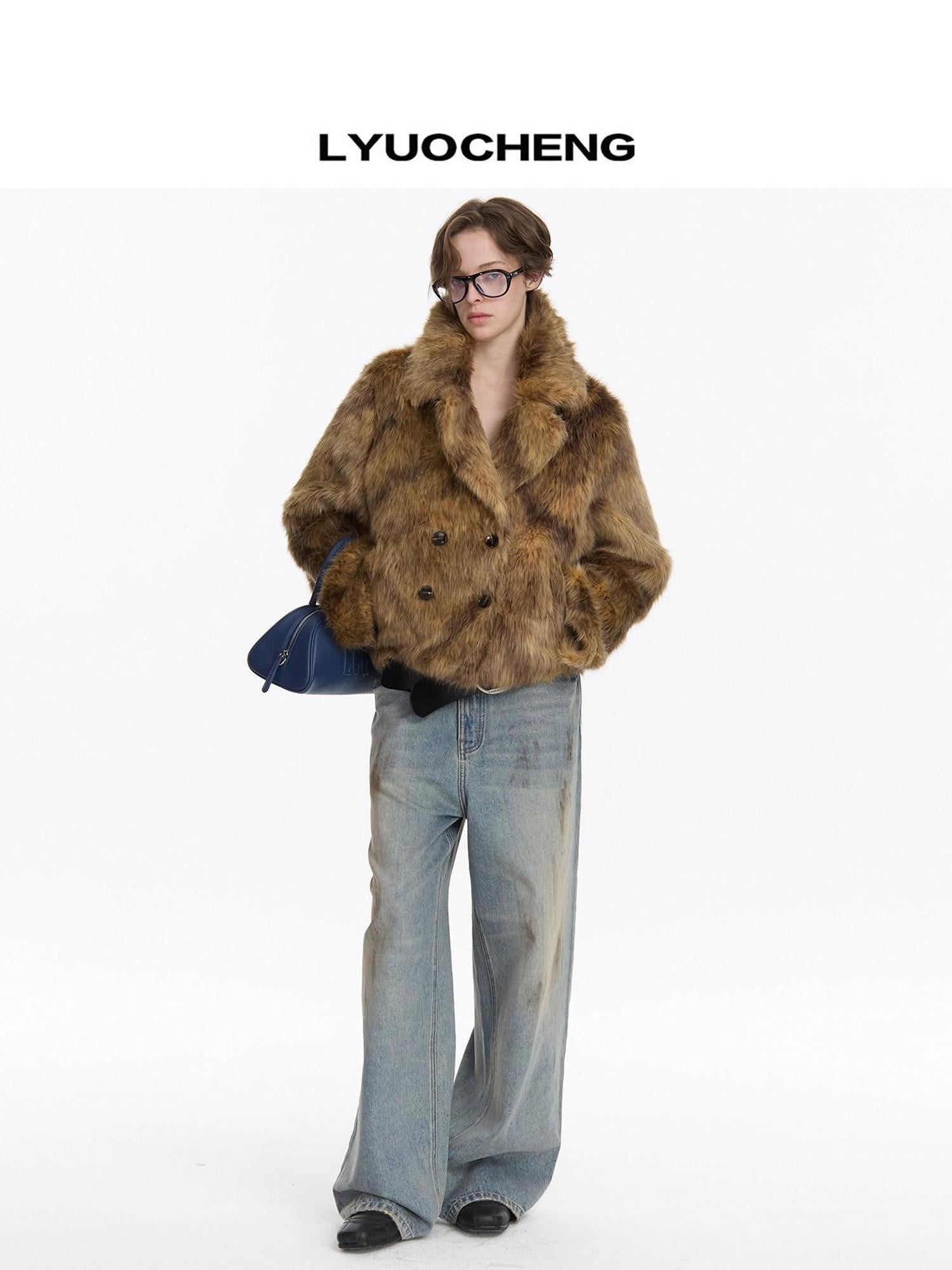 LYUOCHENG Brown Double Breasted Lapel Vintage Women&