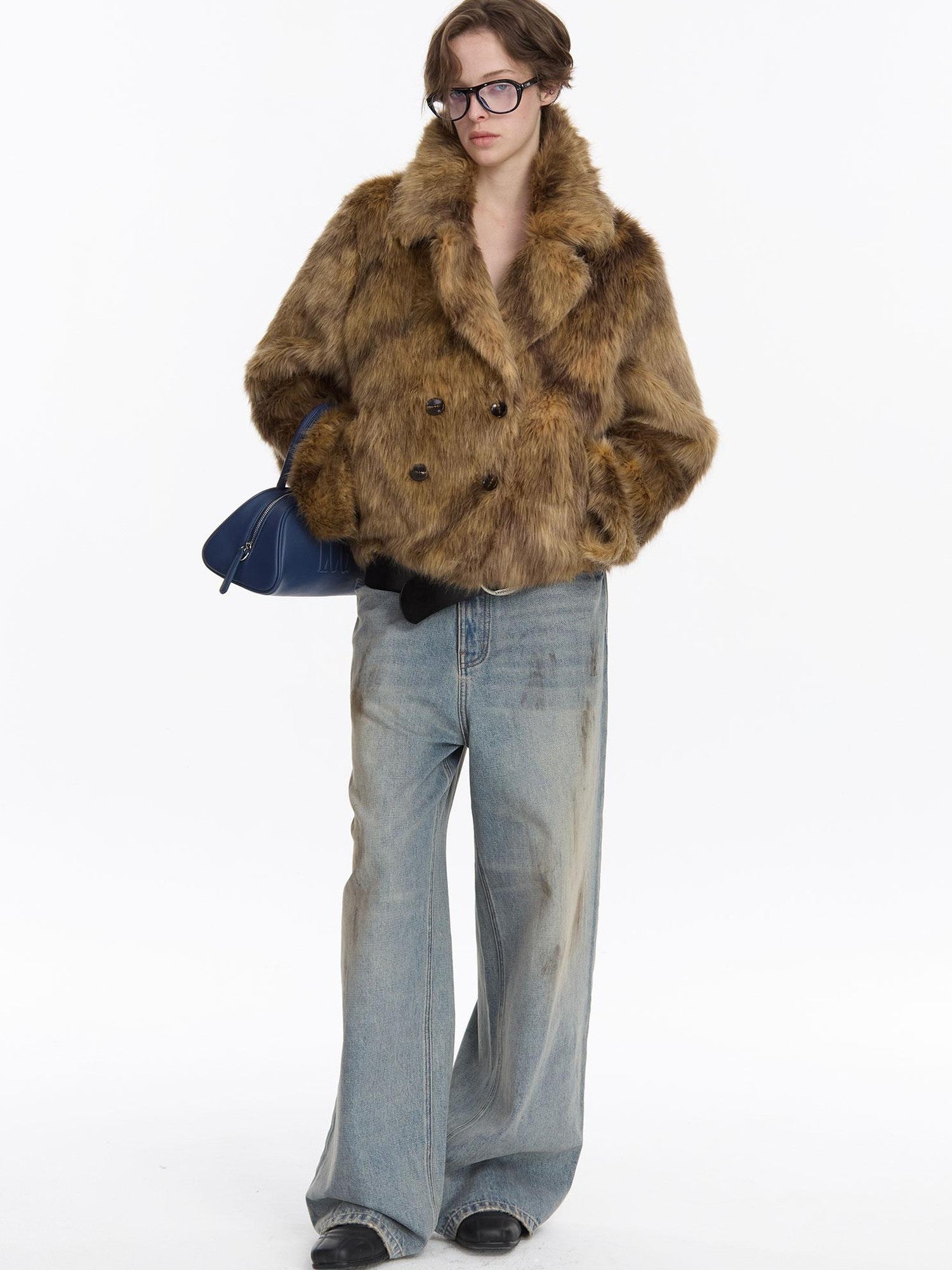 LYUOCHENG Brown Double Breasted Lapel Vintage Women&