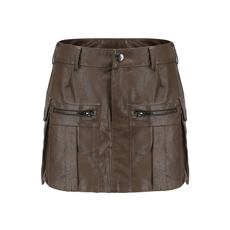 LYUOCHENG_Brown_Zipper_Multi_Pocket_Low_Waist_A_Line_Women&