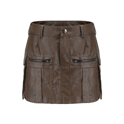 LYUOCHENG_Brown_Zipper_Multi_Pocket_Low_Waist_A_Line_Women&