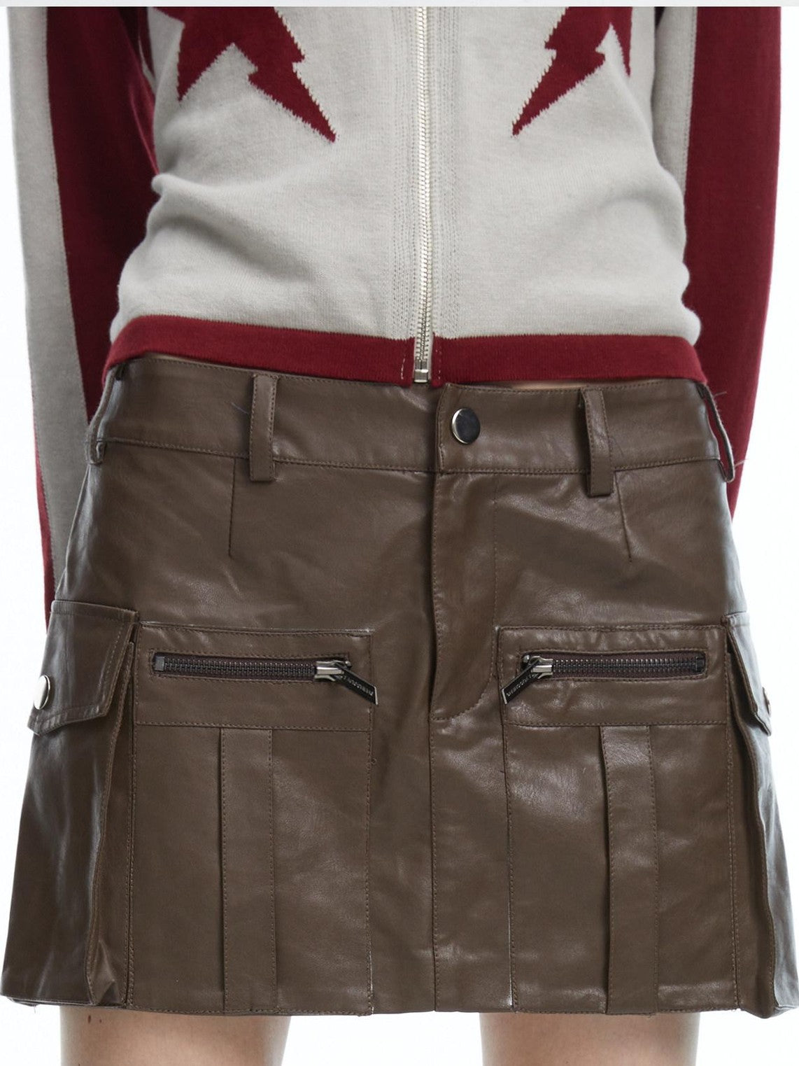 LYUOCHENG Brown Zipper Multi Pocket Low Waist A Line Women&