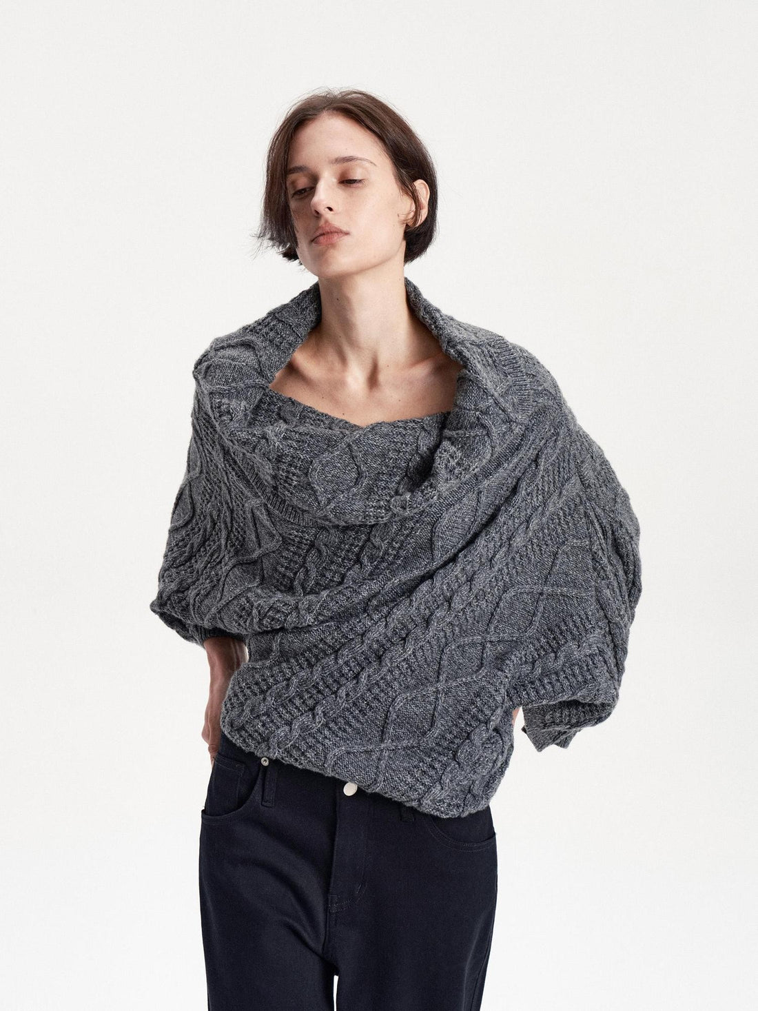LYUOCHENG Cable Knit Asymmetric Batwing Sleeve Women&