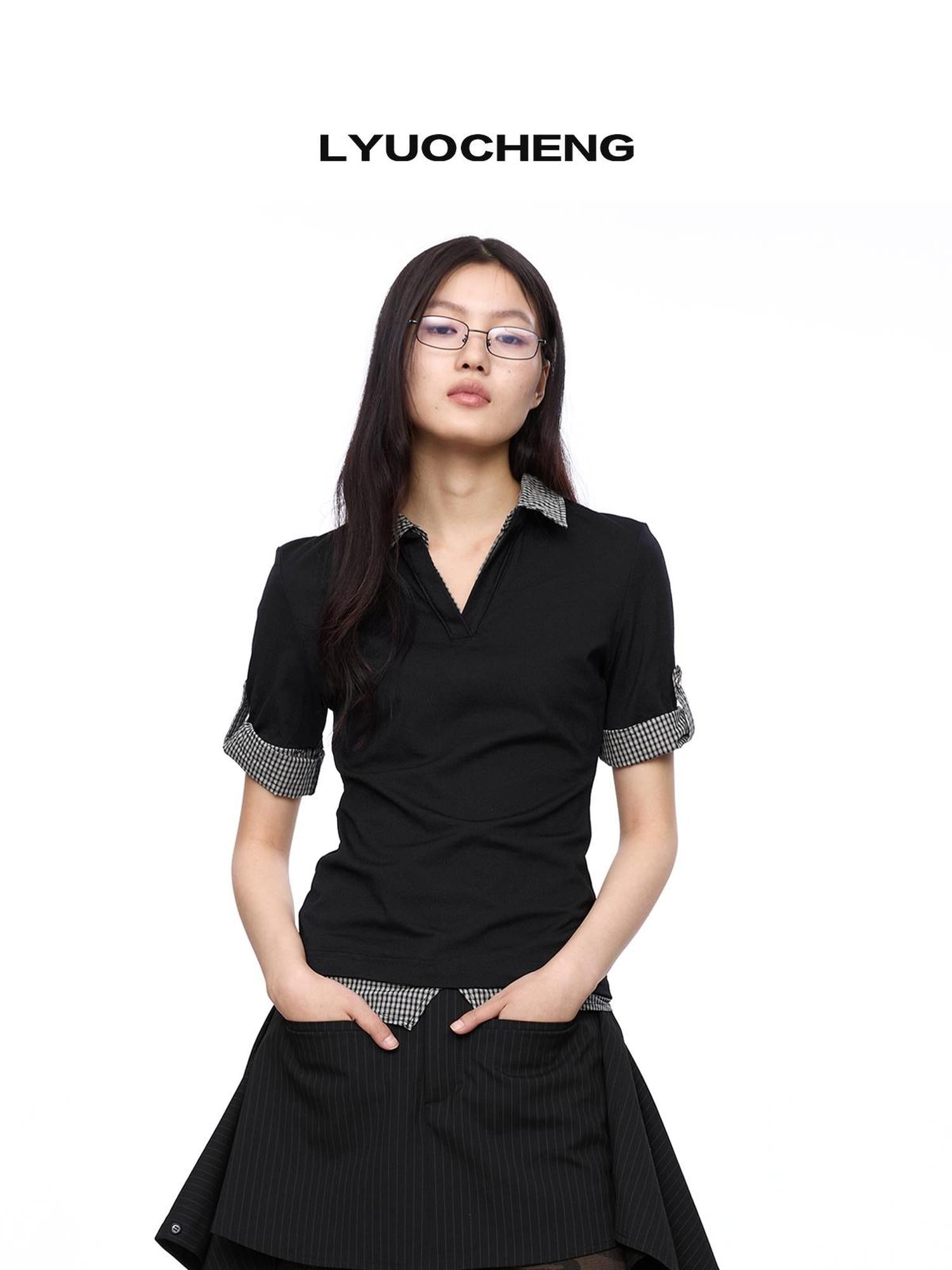 LYUOCHENG Checkered Panel Polo Shirt