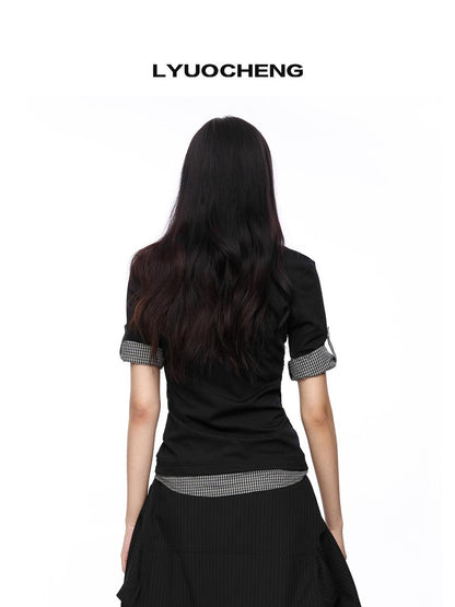 LYUOCHENG Checkered Panel Polo Shirt