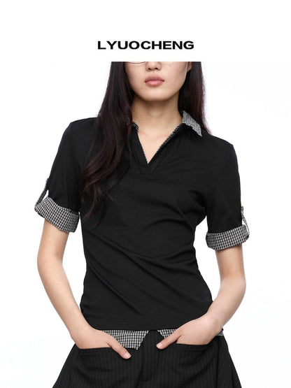 LYUOCHENG Checkered Panel Polo Shirt