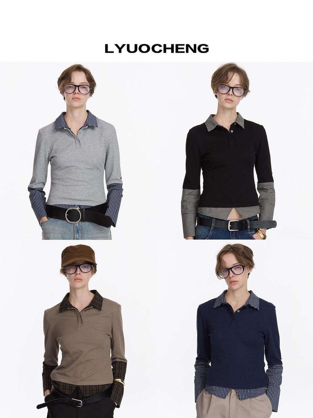 LYUOCHENG Checkered Paneled Long Sleeve Polo Shirt