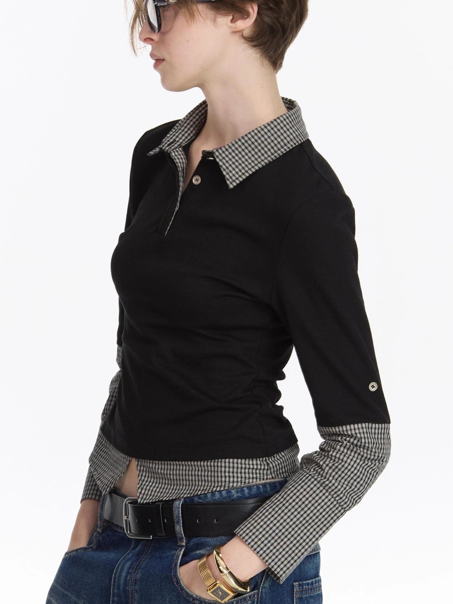 LYUOCHENG Checkered Paneled Long Sleeve Polo Shirt