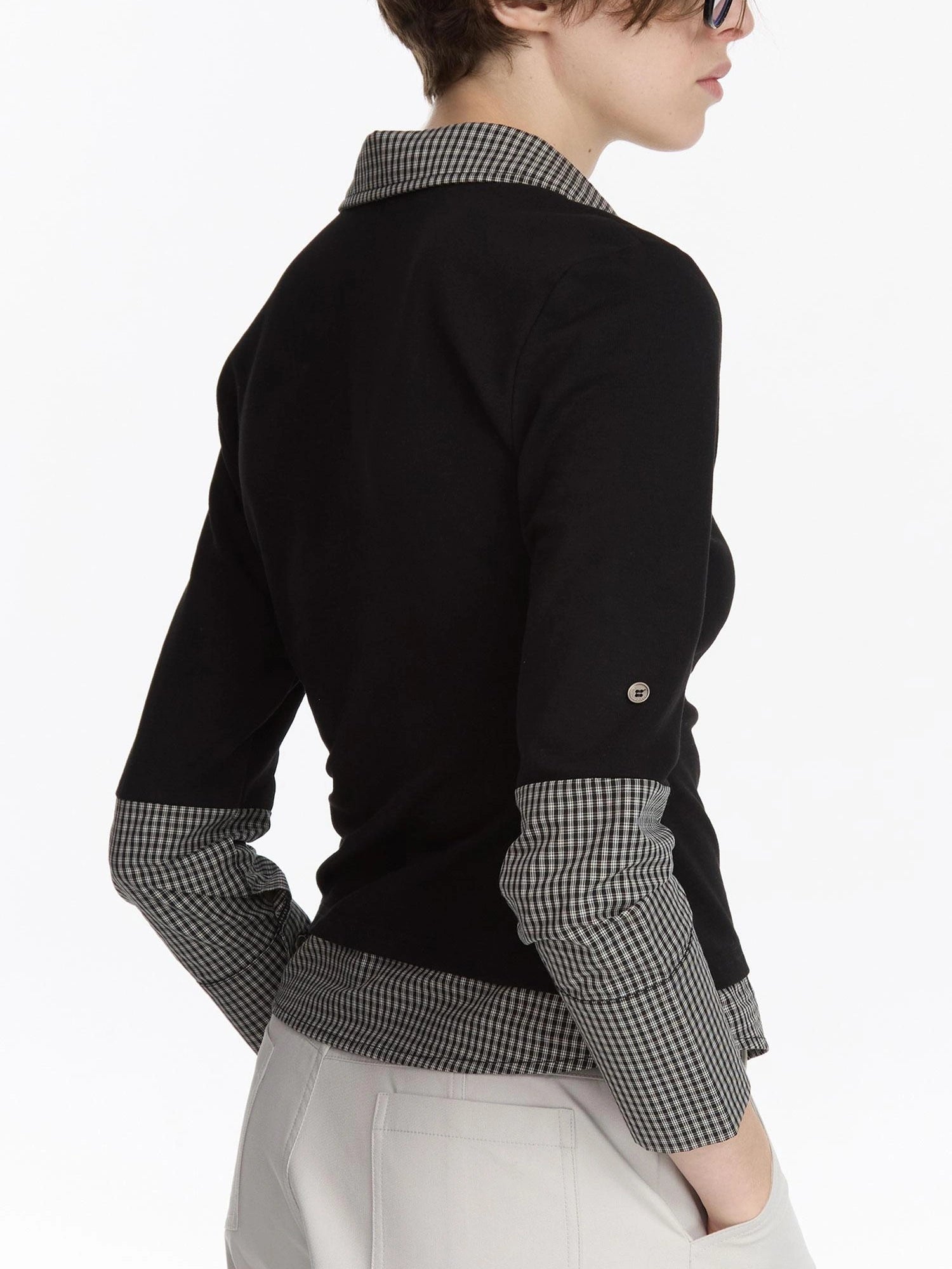 LYUOCHENG Checkered Paneled Long Sleeve Polo Shirt