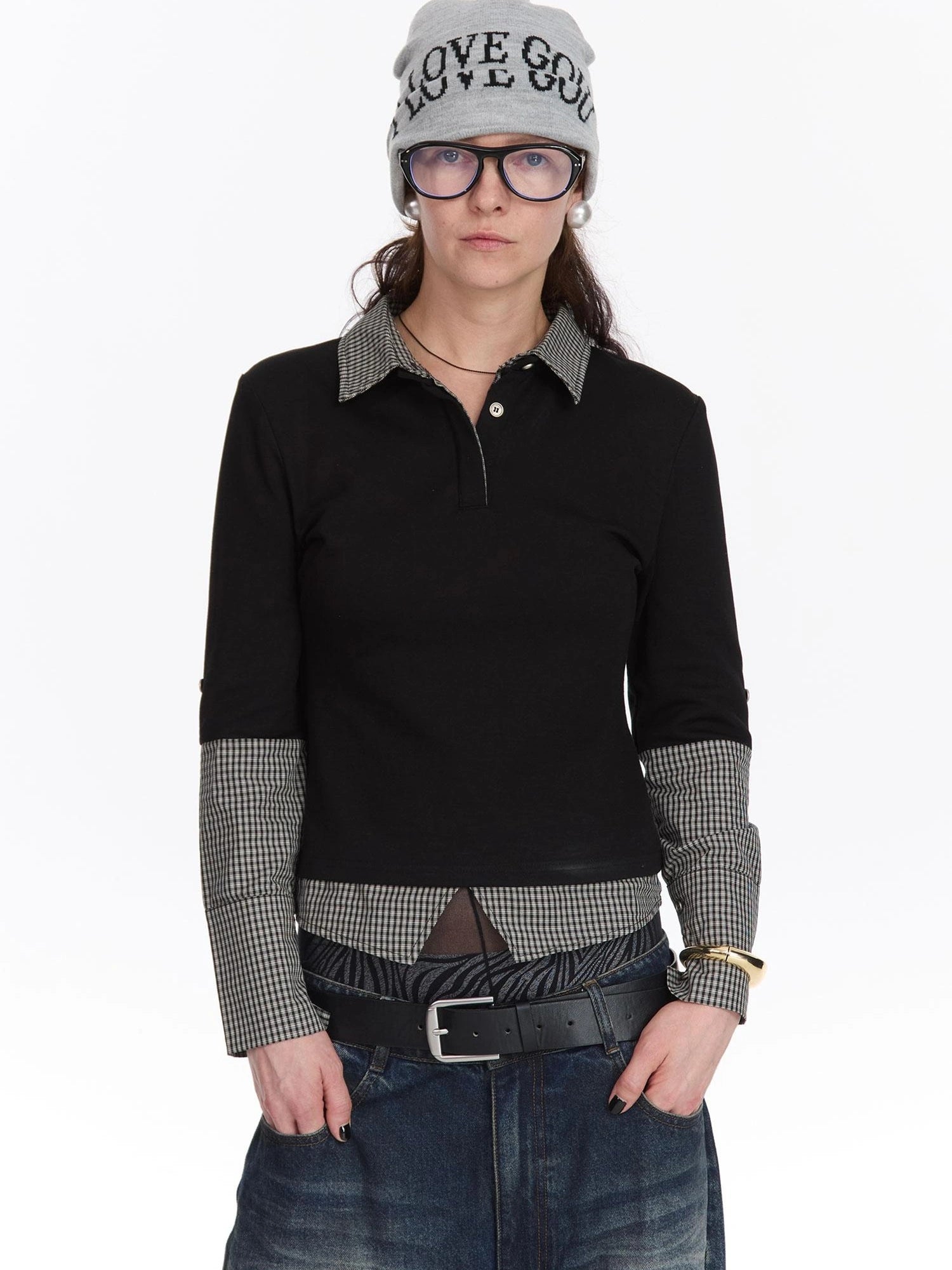 LYUOCHENG Checkered Paneled Long Sleeve Polo Shirt