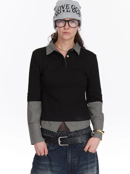 LYUOCHENG Checkered Paneled Long Sleeve Polo Shirt