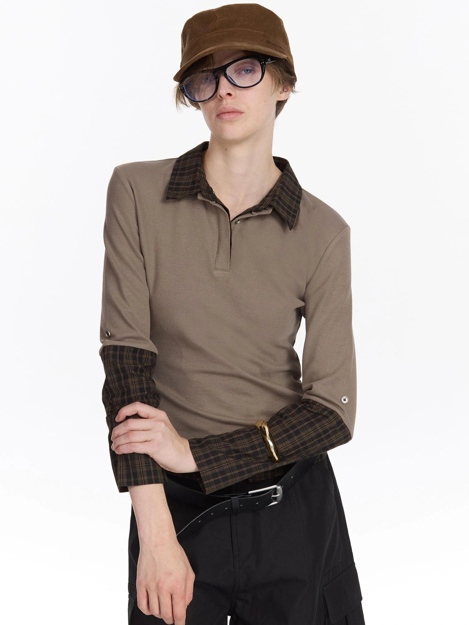 LYUOCHENG Checkered Paneled Long Sleeve Polo Shirt