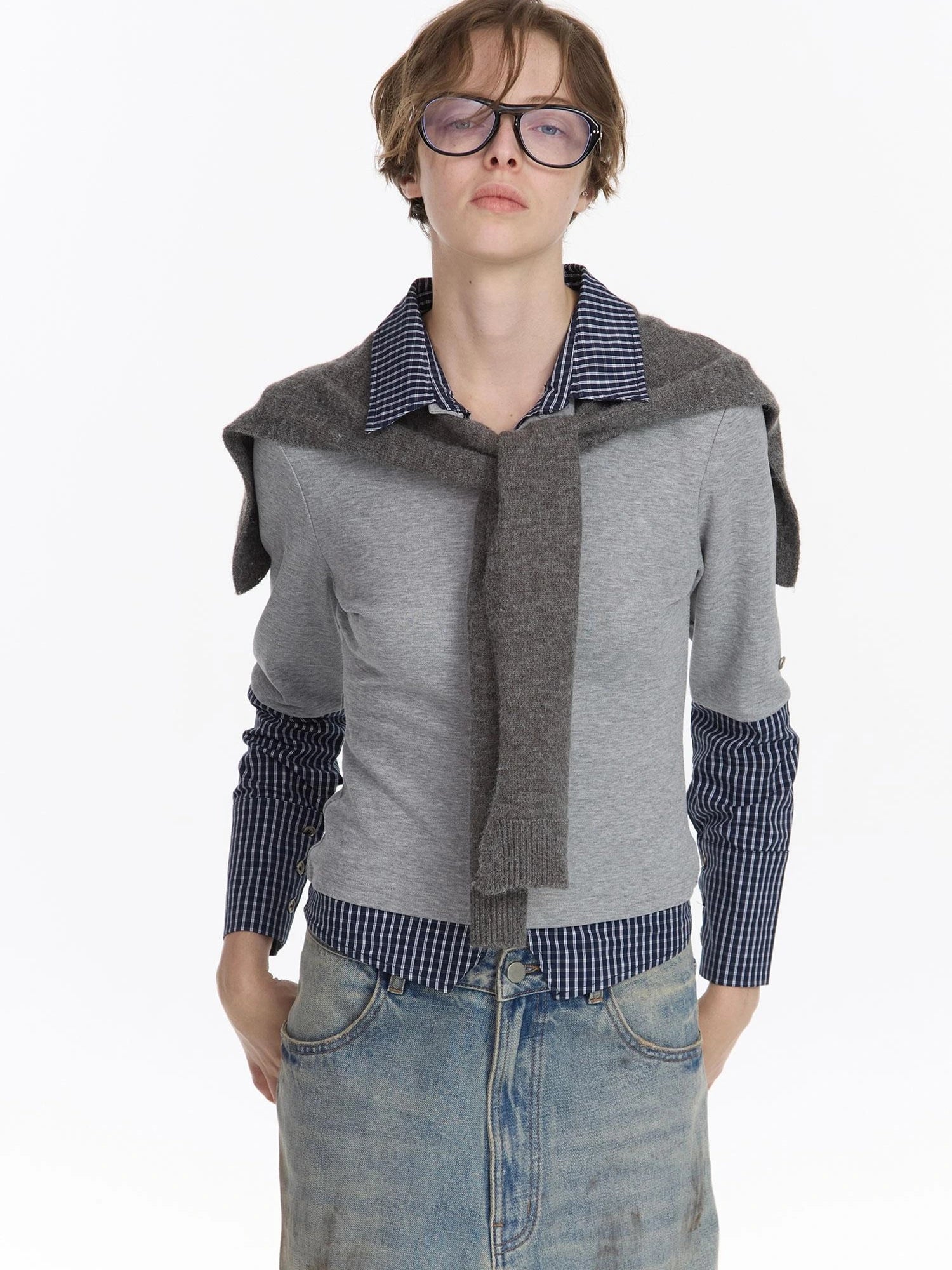 LYUOCHENG Checkered Paneled Long Sleeve Polo Shirt