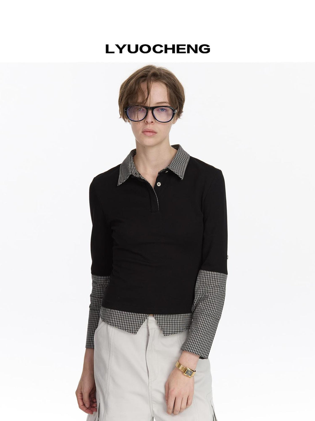 LYUOCHENG Checkered Paneled Long Sleeve Polo Shirt