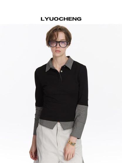 LYUOCHENG Checkered Paneled Long Sleeve Polo Shirt