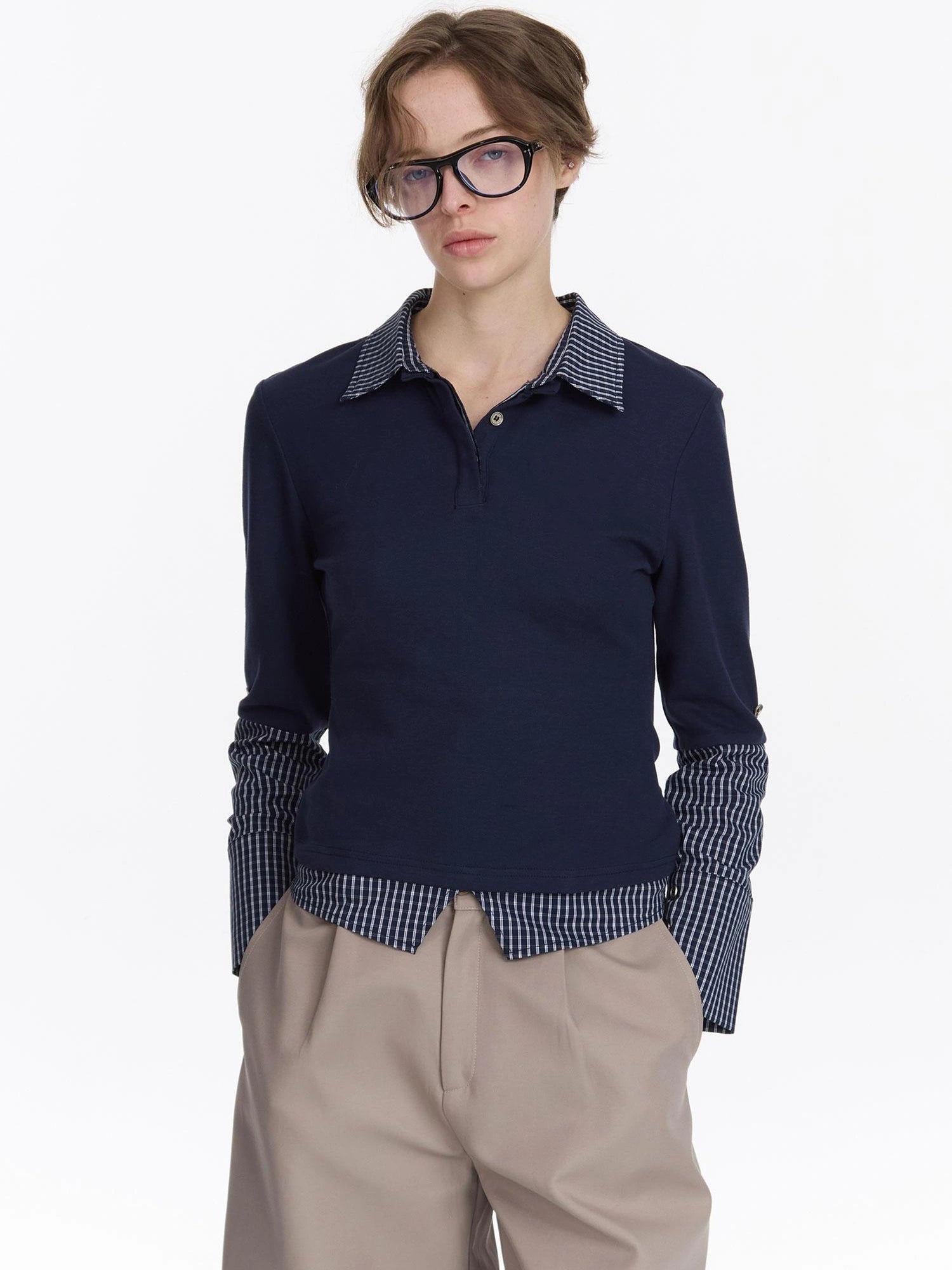 LYUOCHENG Checkered Paneled Long Sleeve Polo Shirt