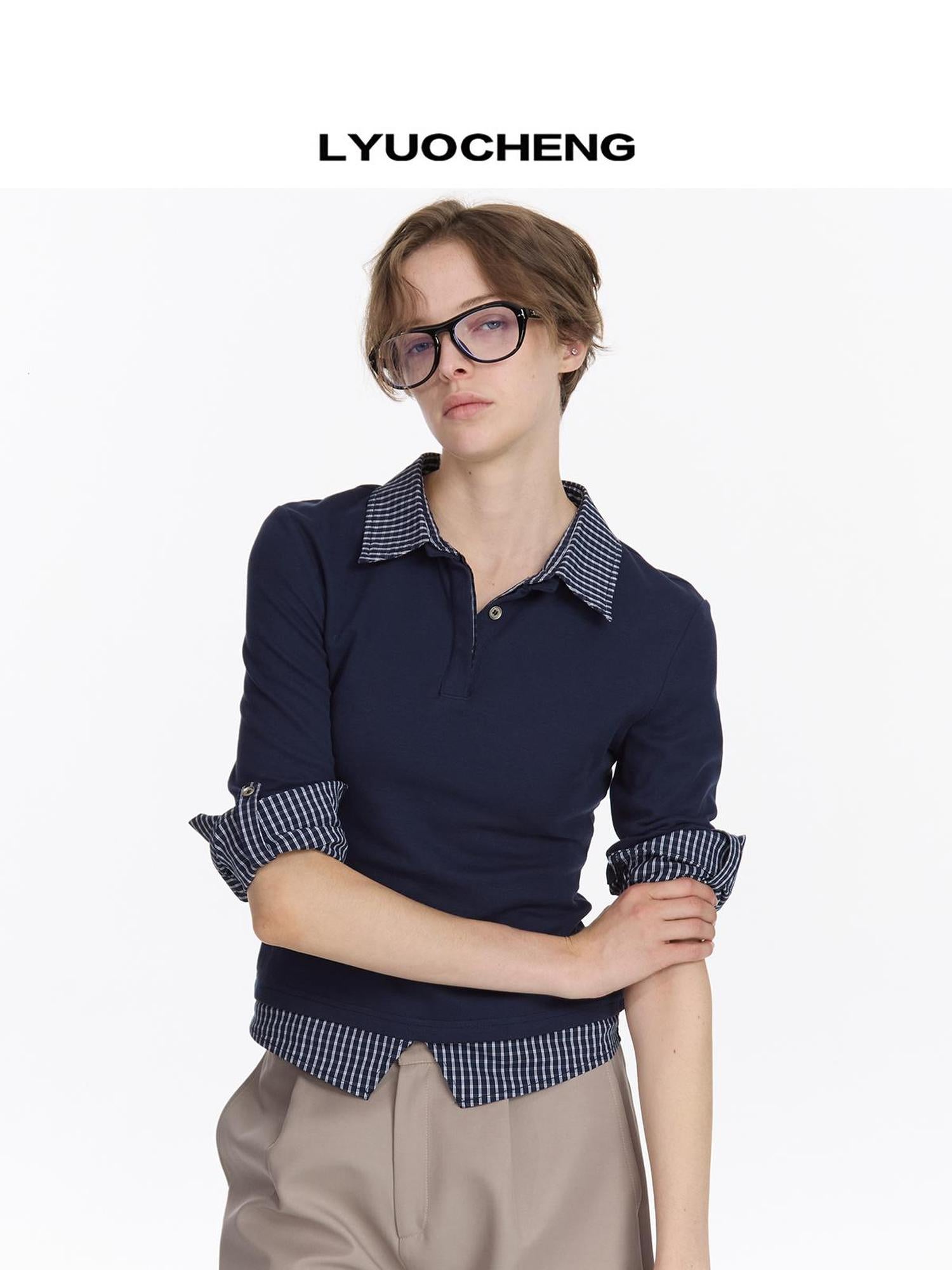 LYUOCHENG Checkered Paneled Long Sleeve Polo Shirt