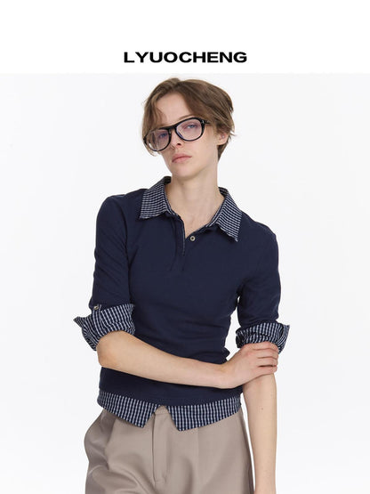 LYUOCHENG Checkered Paneled Long Sleeve Polo Shirt