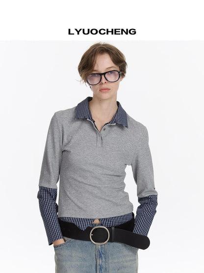 LYUOCHENG Checkered Paneled Long Sleeve Polo Shirt