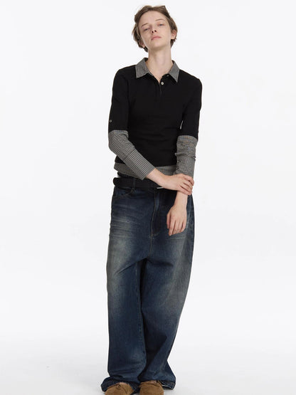 LYUOCHENG Checkered Paneled Long Sleeve Polo Shirt