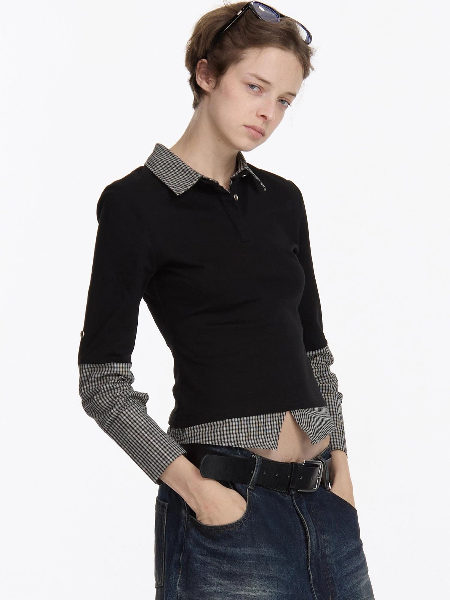 LYUOCHENG Checkered Paneled Long Sleeve Polo Shirt