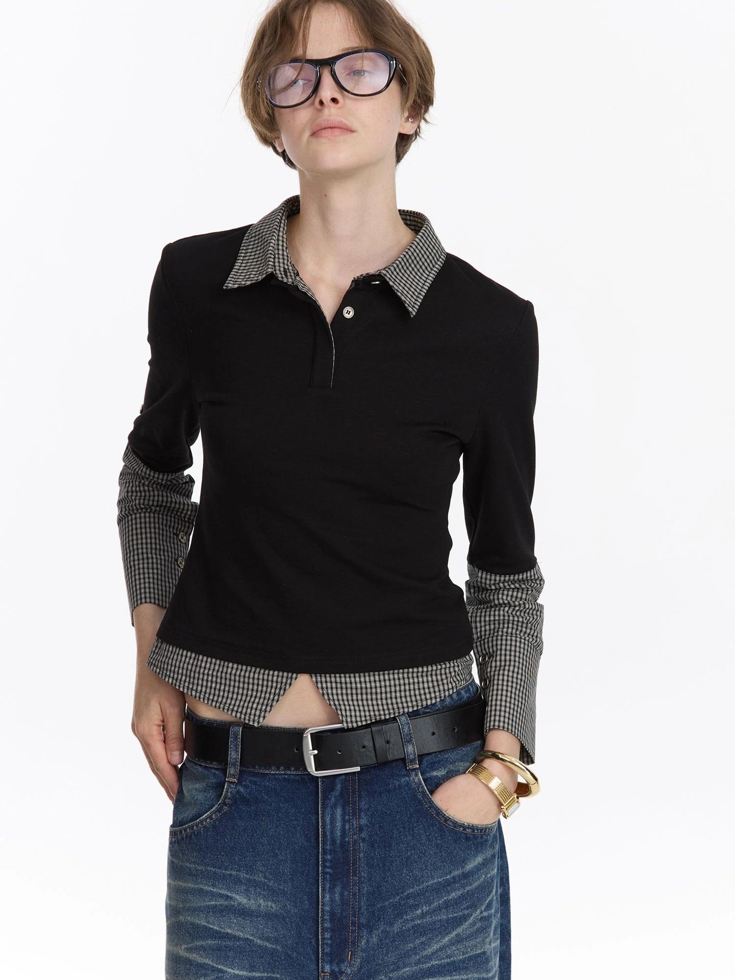 LYUOCHENG Checkered Paneled Long Sleeve Polo Shirt