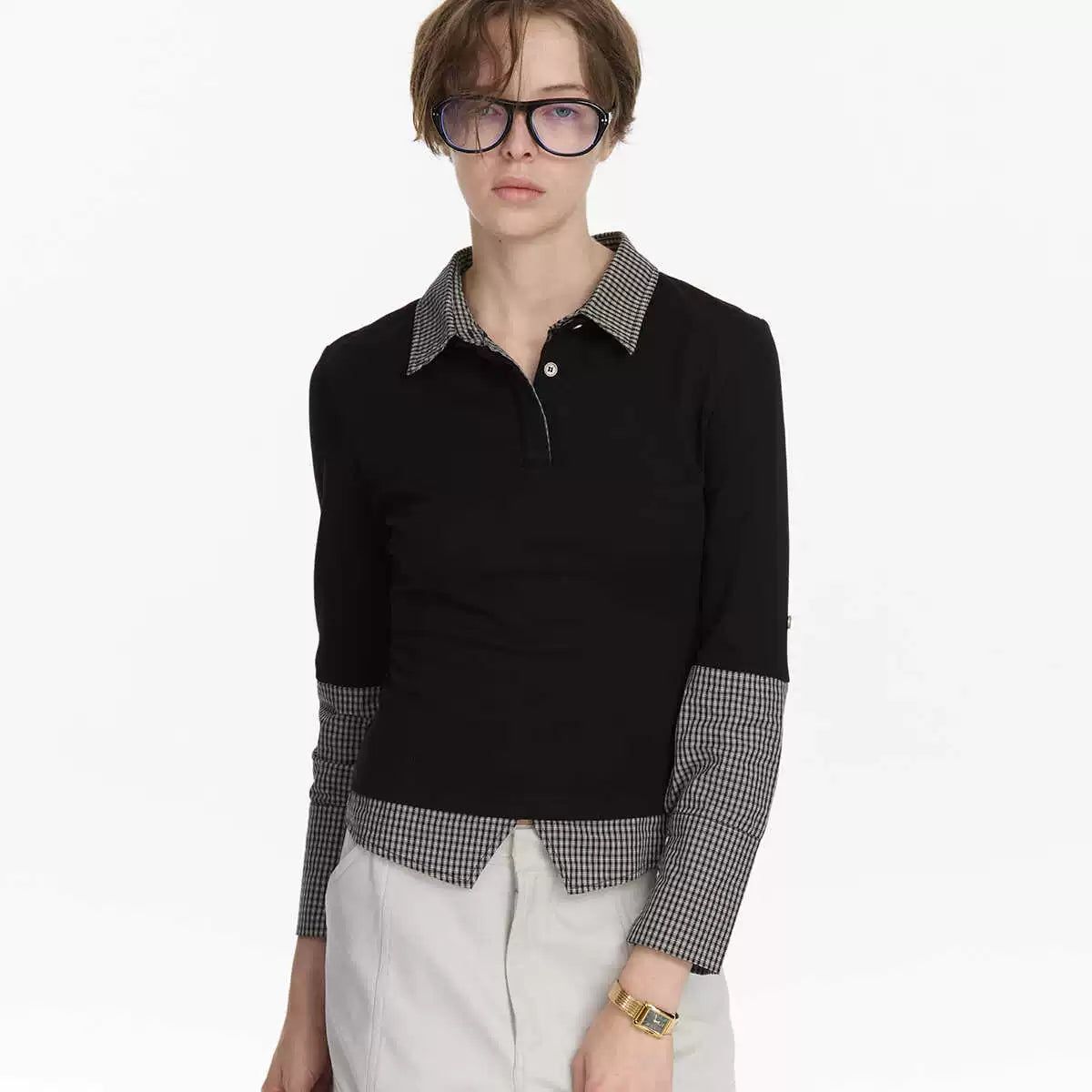 LYUOCHENG_Checkered_Paneled_Long_Sleeve_Polo_Shirt_MISSTT