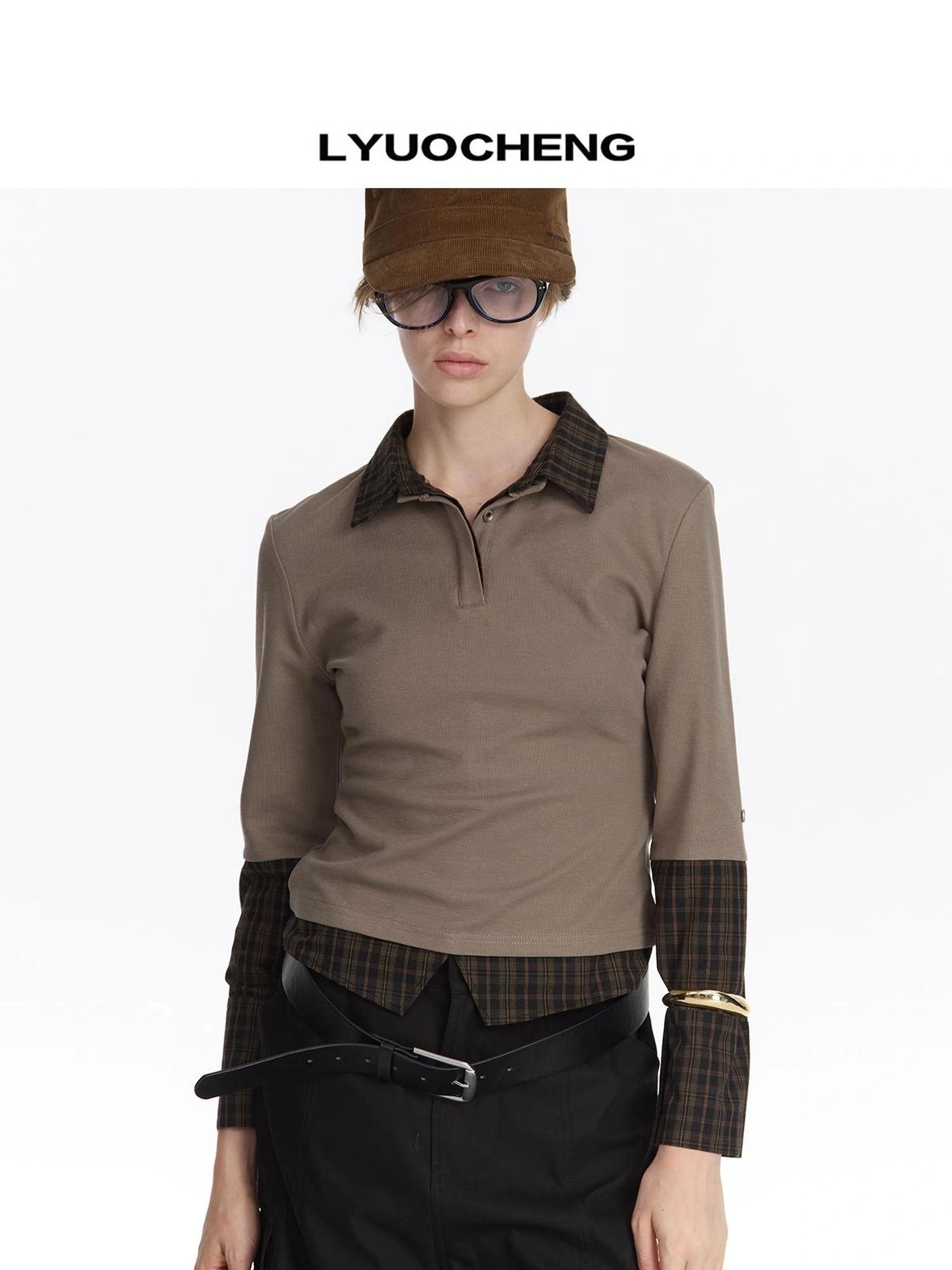 LYUOCHENG Checkered Spliced Long Sleeve Polo Shirt