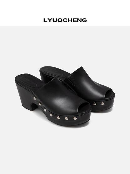 LYUOCHENG Chunky Platform Peep Toe Mule Sandals