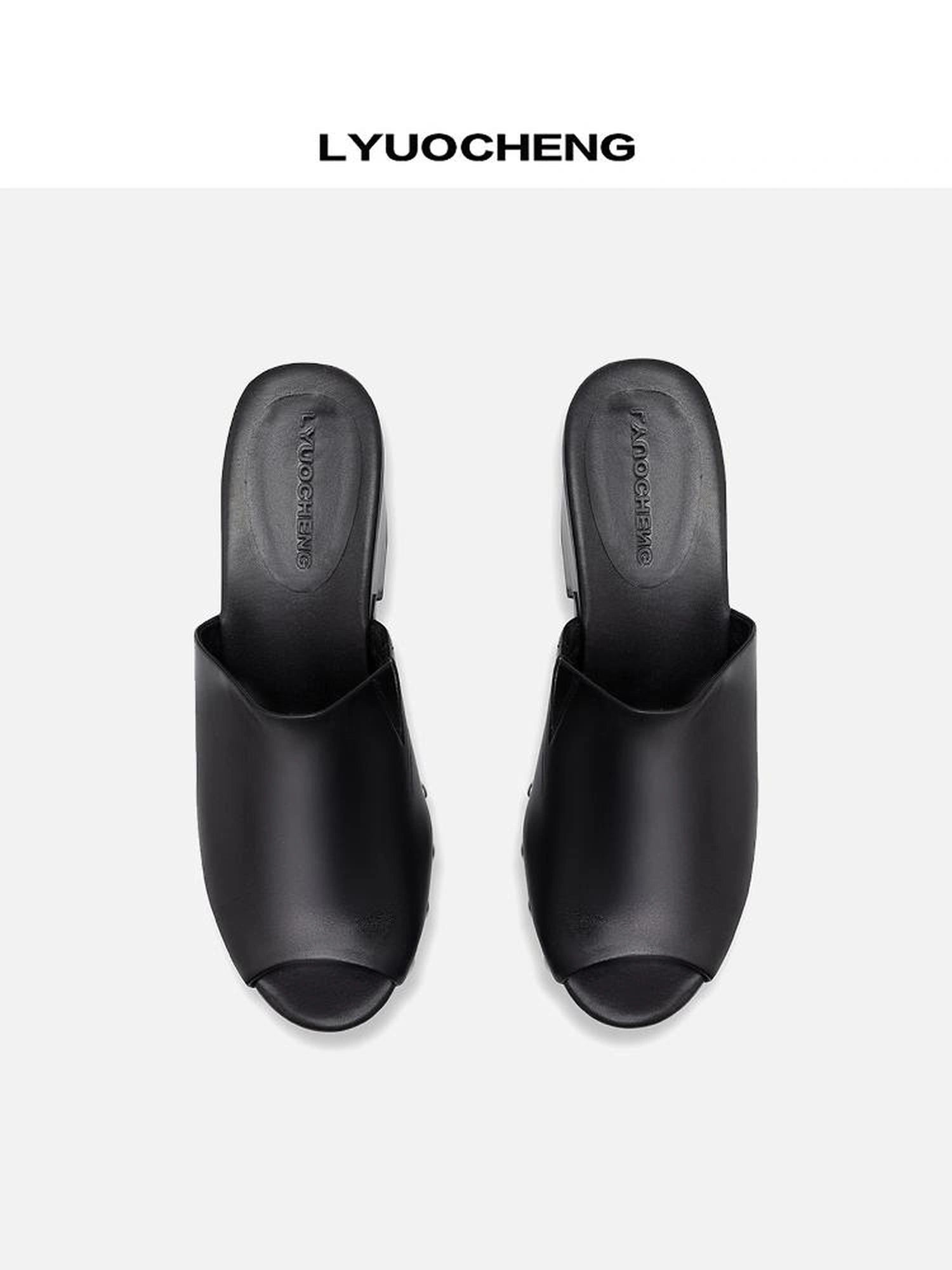 LYUOCHENG Chunky Platform Peep Toe Studded Mule Sandals