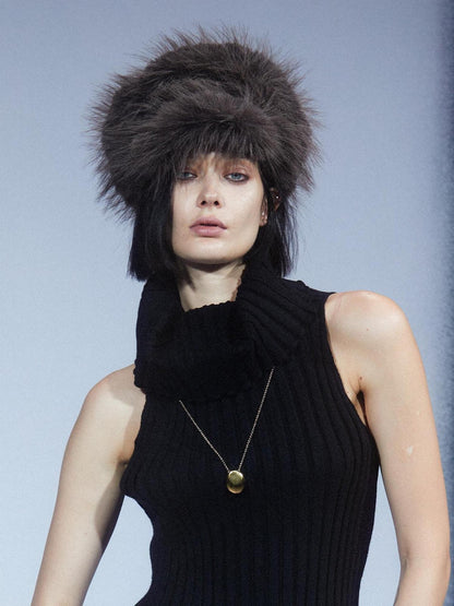 LYUOCHENG Coffee Brown Vintage Faux Fur Flat Top Short Brim Women&