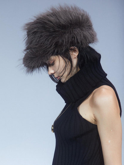 LYUOCHENG Coffee Brown Vintage Faux Fur Flat Top Short Brim Women&