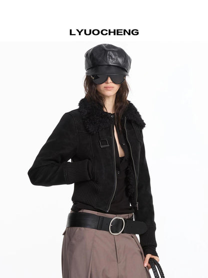 LYUOCHENG Contrast Rib Wool Blend Cropped Jacket