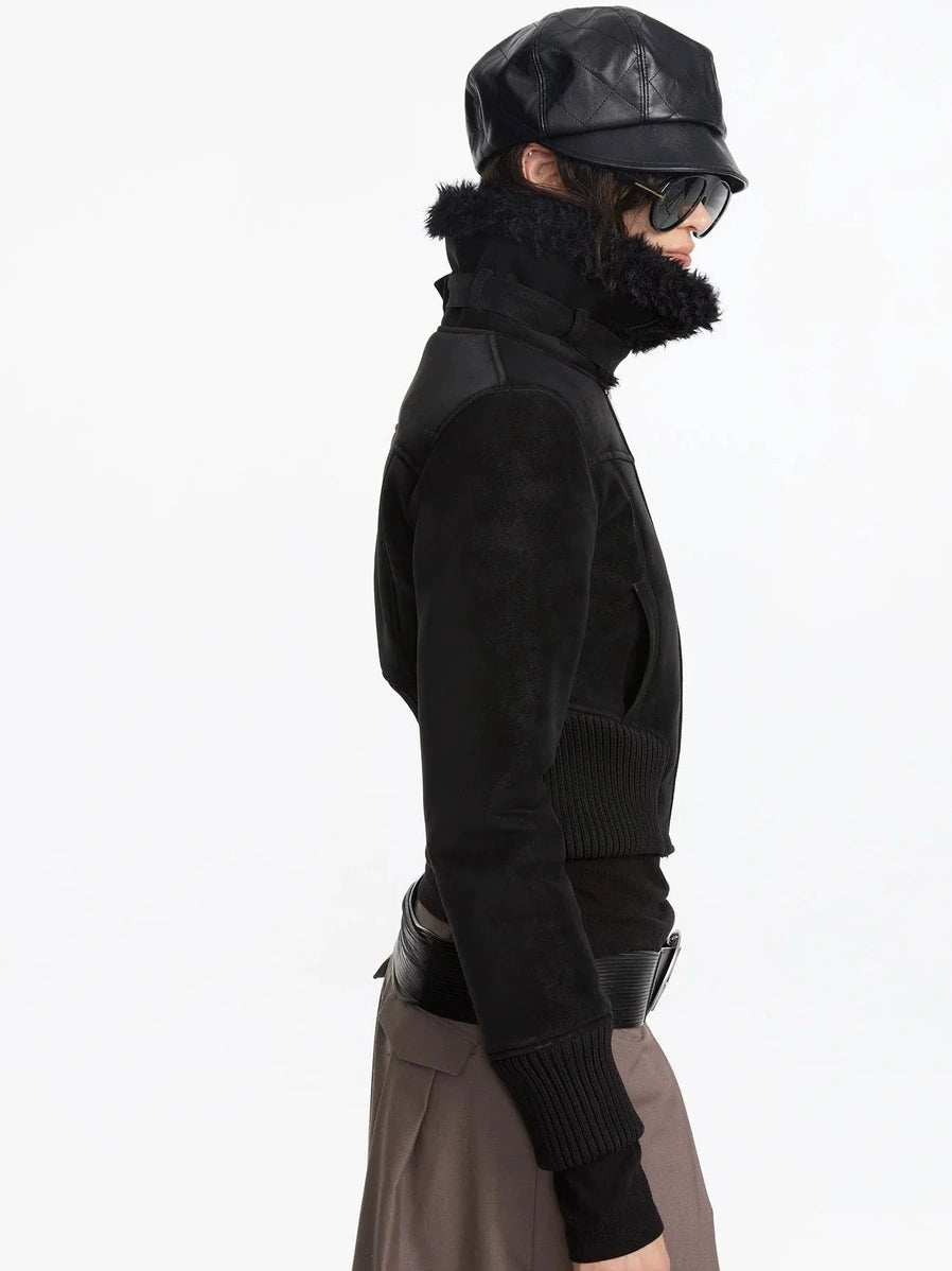 LYUOCHENG Contrast Rib Wool Blend Cropped Jacket