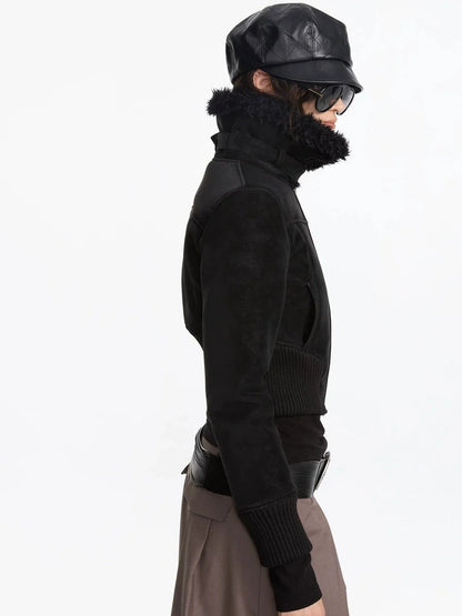 LYUOCHENG Contrast Rib Wool Blend Cropped Jacket