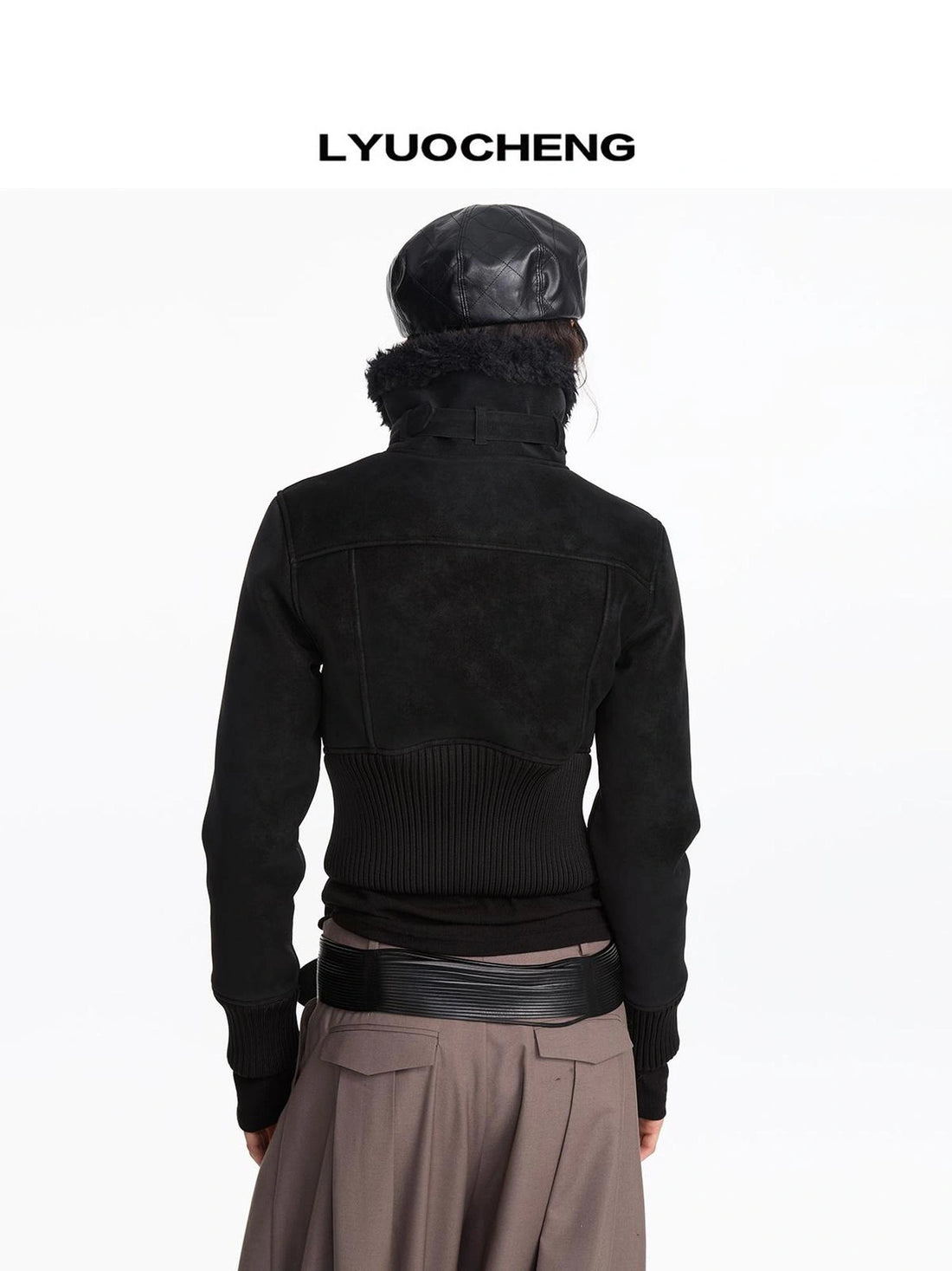 LYUOCHENG Contrast Rib Wool Blend Cropped Jacket