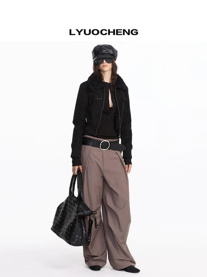 LYUOCHENG Contrast Rib Wool Blend Cropped Jacket