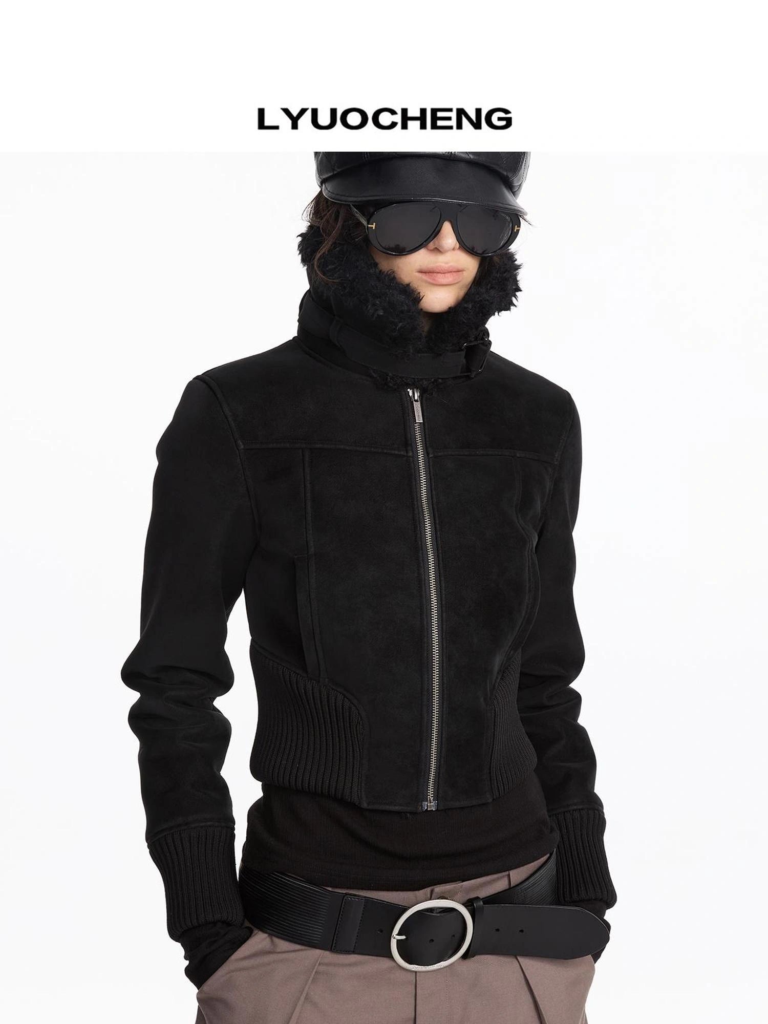 LYUOCHENG Contrast Rib Wool Blend Cropped Jacket