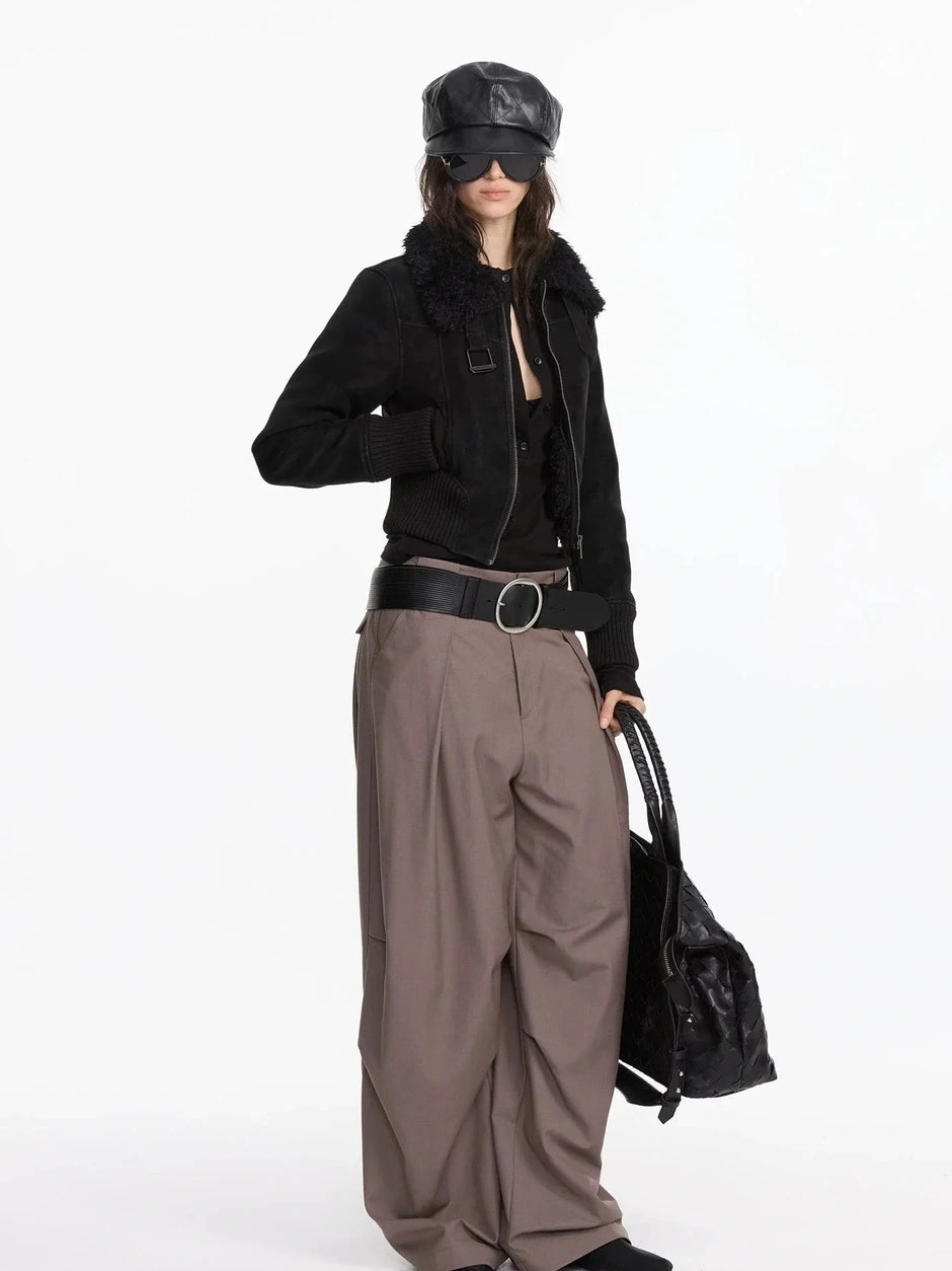 LYUOCHENG Contrast Rib Wool Blend Cropped Jacket