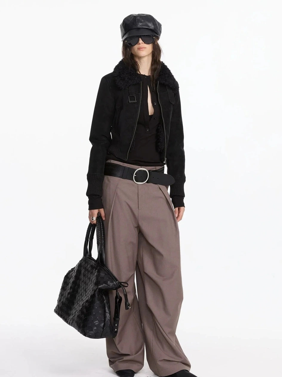 LYUOCHENG Contrast Rib Wool Blend Cropped Jacket