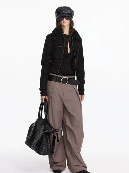 LYUOCHENG Contrast Rib Wool Blend Cropped Jacket