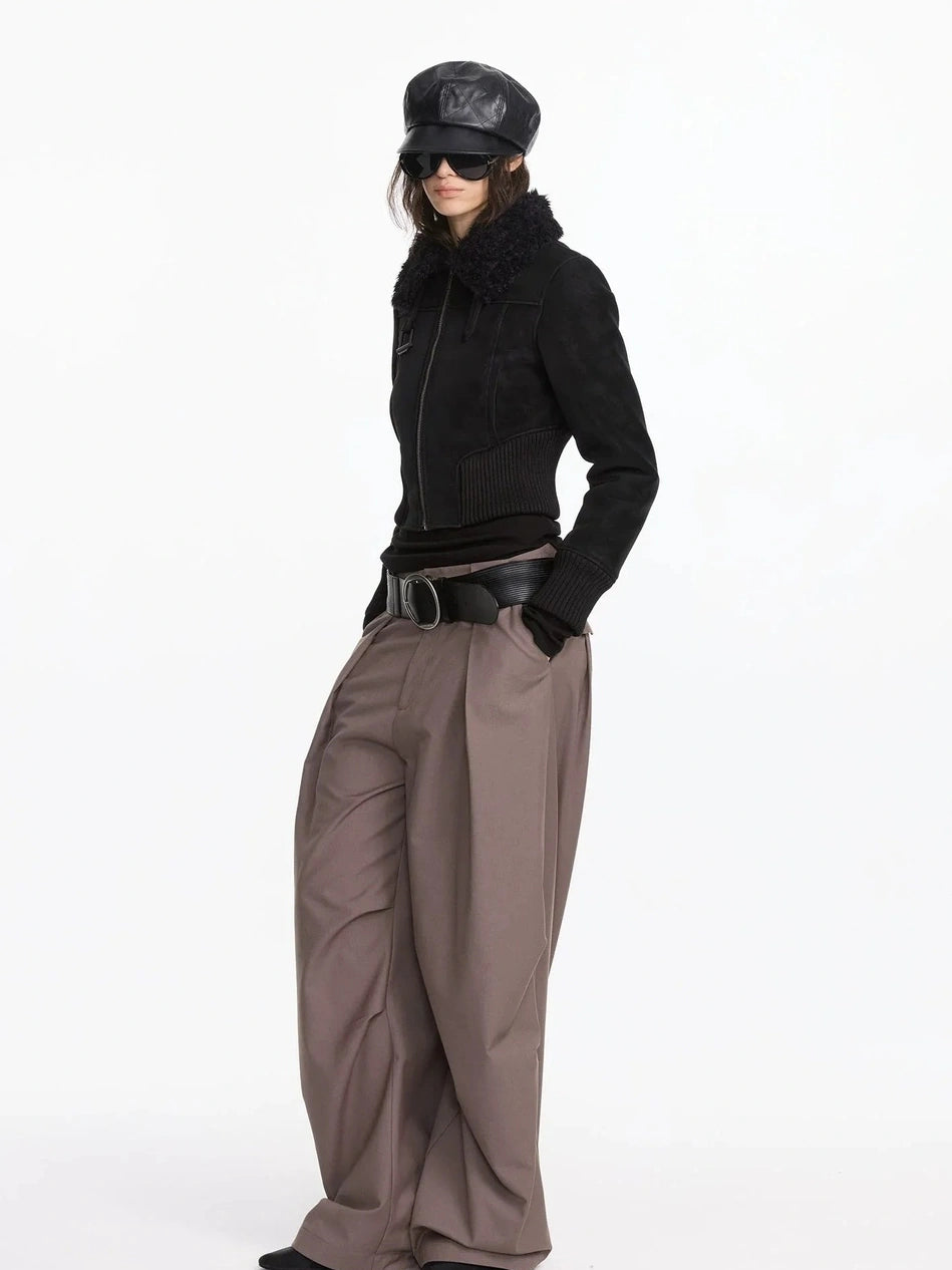 LYUOCHENG Contrast Rib Wool Blend Cropped Jacket