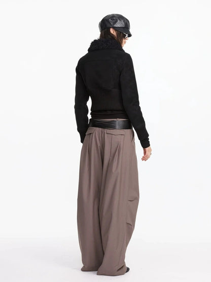 LYUOCHENG Contrast Rib Wool Blend Cropped Jacket